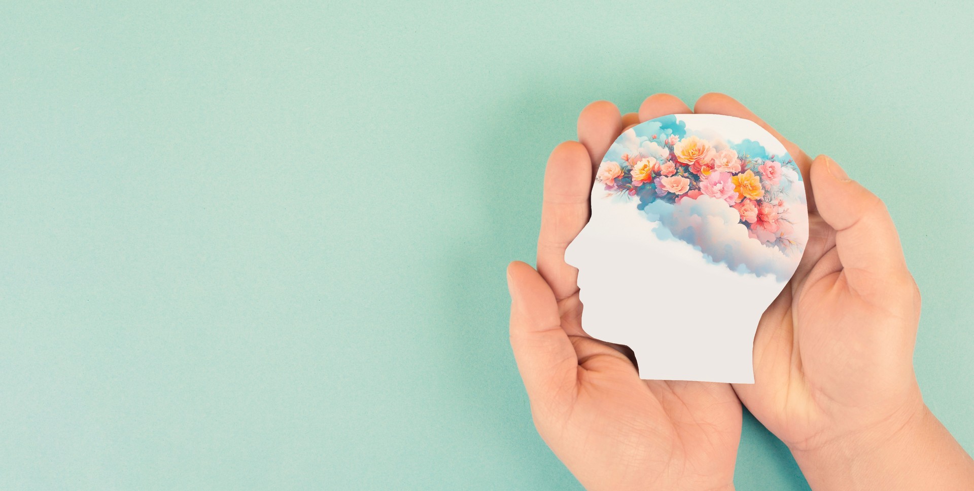 Mind with colorful cloud of flowers, positive thoughts and energy, emotion and attitude, hope and self care concept